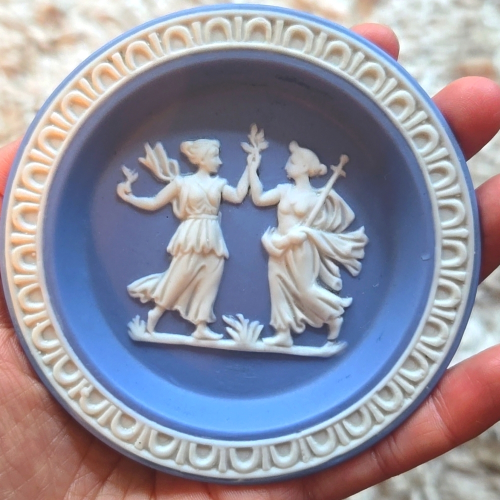 Vintage Blue Decorative Ashtray Pin Dish with White Figures